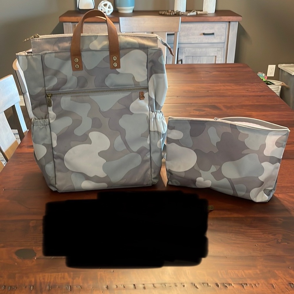 Gray Camo Backpack with Pouch - Leather Trim